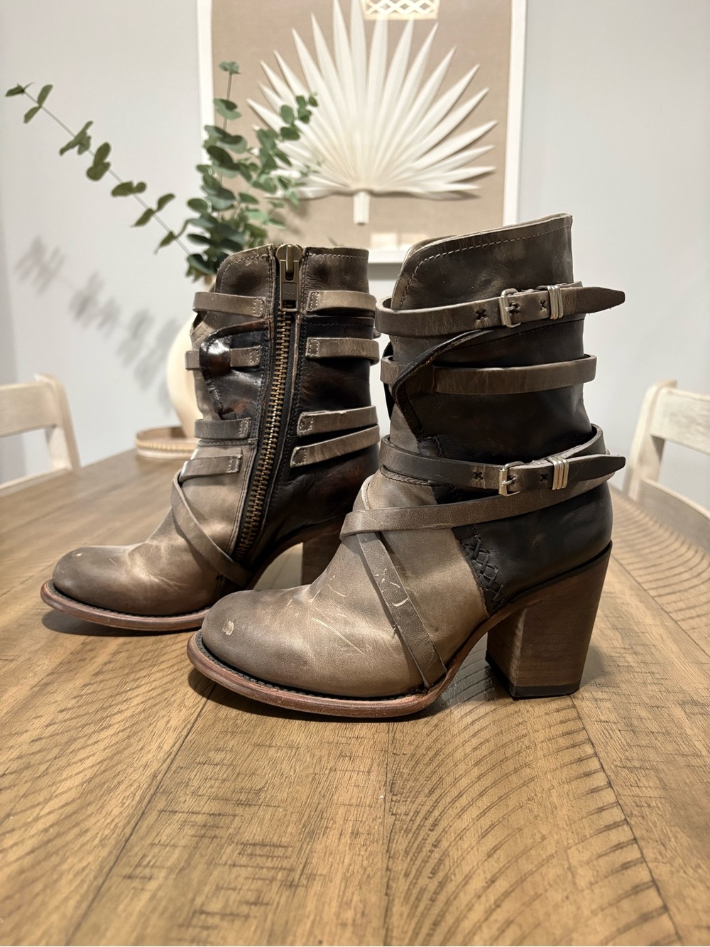 Freebird by Steven - Baker - distressed gray leather heeled ankle boots